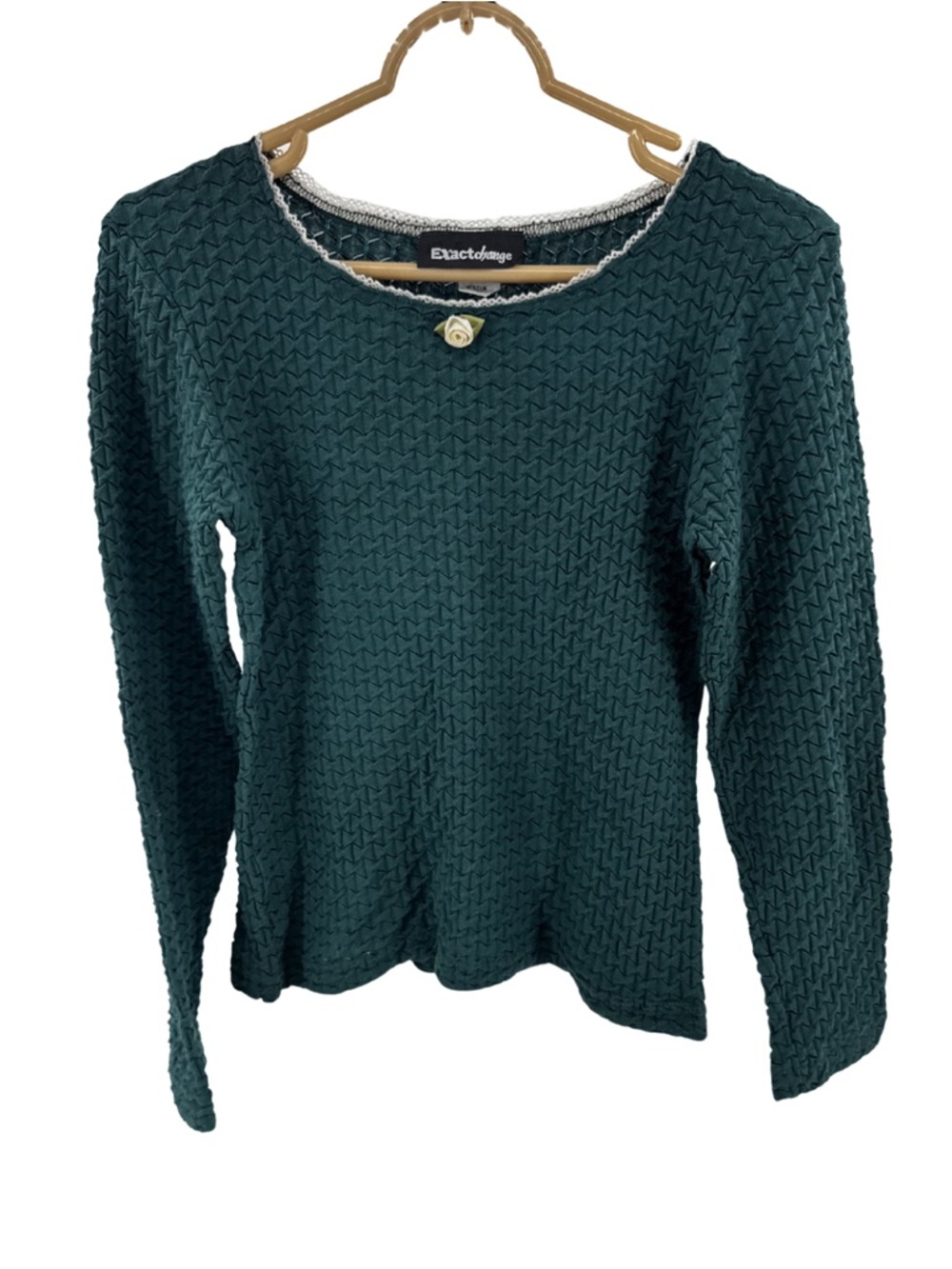 Hunter green Textured Women's long sleeve stretch lace trim fitted Y2K M vintage